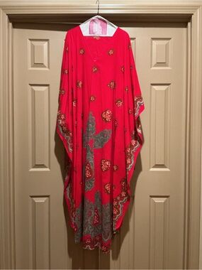 Vibrant Red Floral Caftan with Teal Paisley Accents